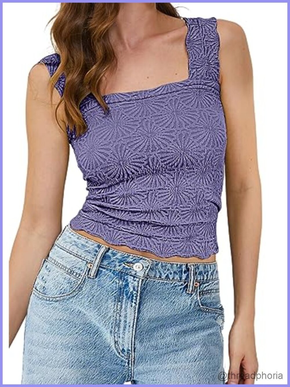 Women's Square Neck Crop Tank Top Floral Embroidery Sleeveless Wide Straps